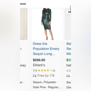 Dress the Population Emery Sequin Long Sleeve w/ Boat Neck Midi Sheath Dress L